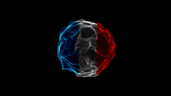 3D现代抽象三色线框网格球体表面在孤立的黑色背景上挥舞。法国国旗概念。4k镜头视频运动图形设计元素