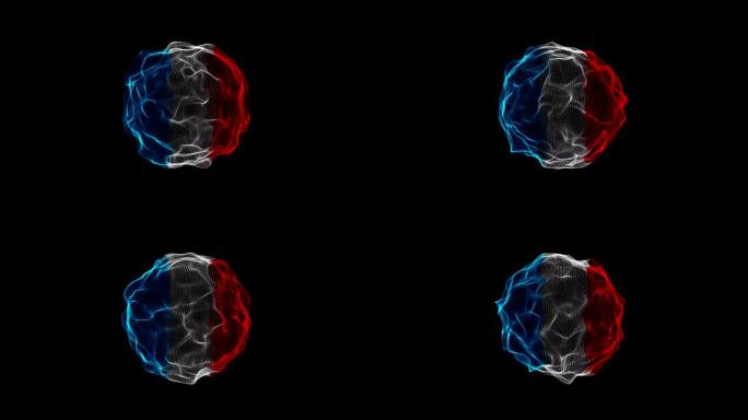 3D现代抽象三色线框网格球体表面在孤立的黑色背景上挥舞。法国国旗概念。4k镜头视频运动图形设计元素