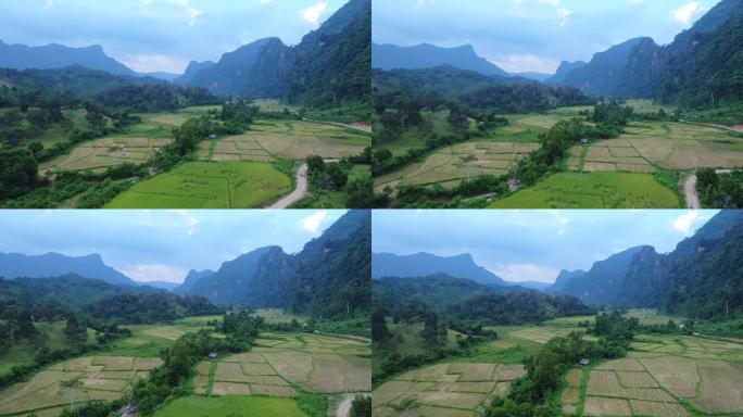 从天空看老挝万旺镇周围的景观