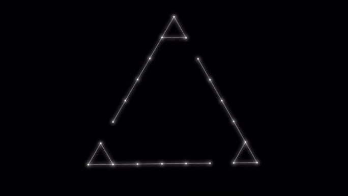 线性点连接的三角形轮廓在黑色背景上无缝循环旋转。