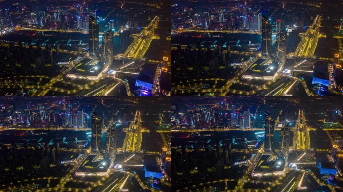 夜间照明南京市国际青年文化中心综合体空中延时全景4k中国