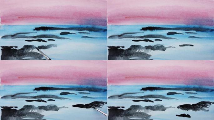 用水彩颜料在纸上画画。