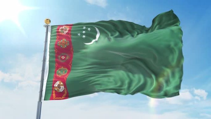 土库曼斯坦的国旗在深蓝色的天空中迎风飘扬。国家主题，国际理念。3D渲染无缝循环4K