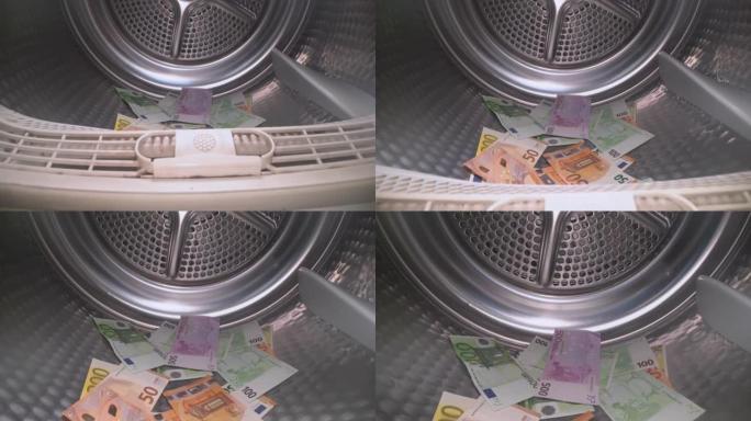 洗钱概念。洗衣机里的钱。多莉拍摄的相机在里面滑动。影子经济，假钞