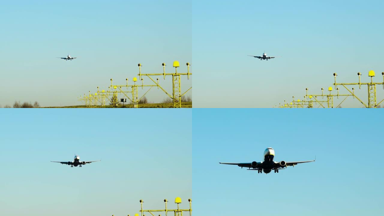飞机抵达机场降落。雄伟的缓缓飘荡的passanger飞机在蓝天下。