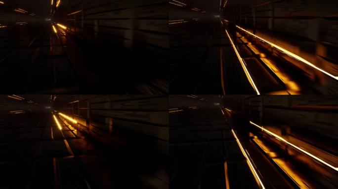 黑暗可怕的未来金色隧道内的运动。4k