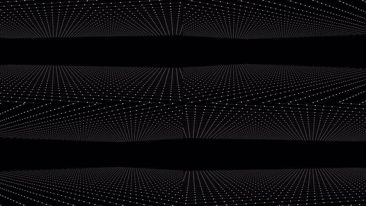 环状全息背景为微观世界或纳米世界。无缝镜头，颗粒在黑色背景上形成白色衬里表面。