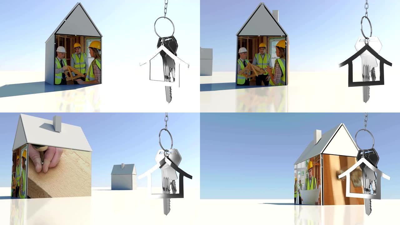 背景中悬挂在3d房屋模型上的房屋钥匙和钥匙扣