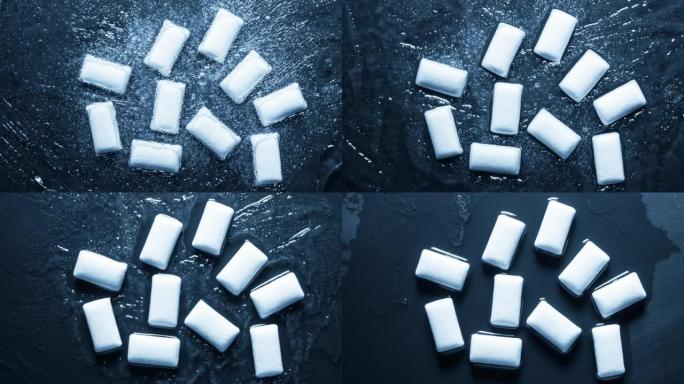 口香糖在冰中冷冻的特写镜头。
