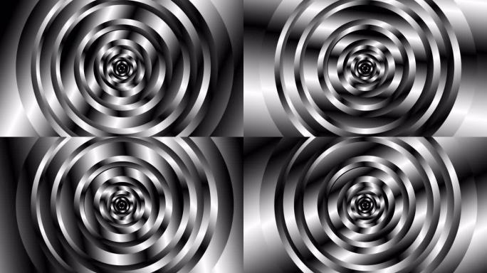 带有旋转运动的几何黑白圆形，计算机生成。抽象涡流背景的3d渲染