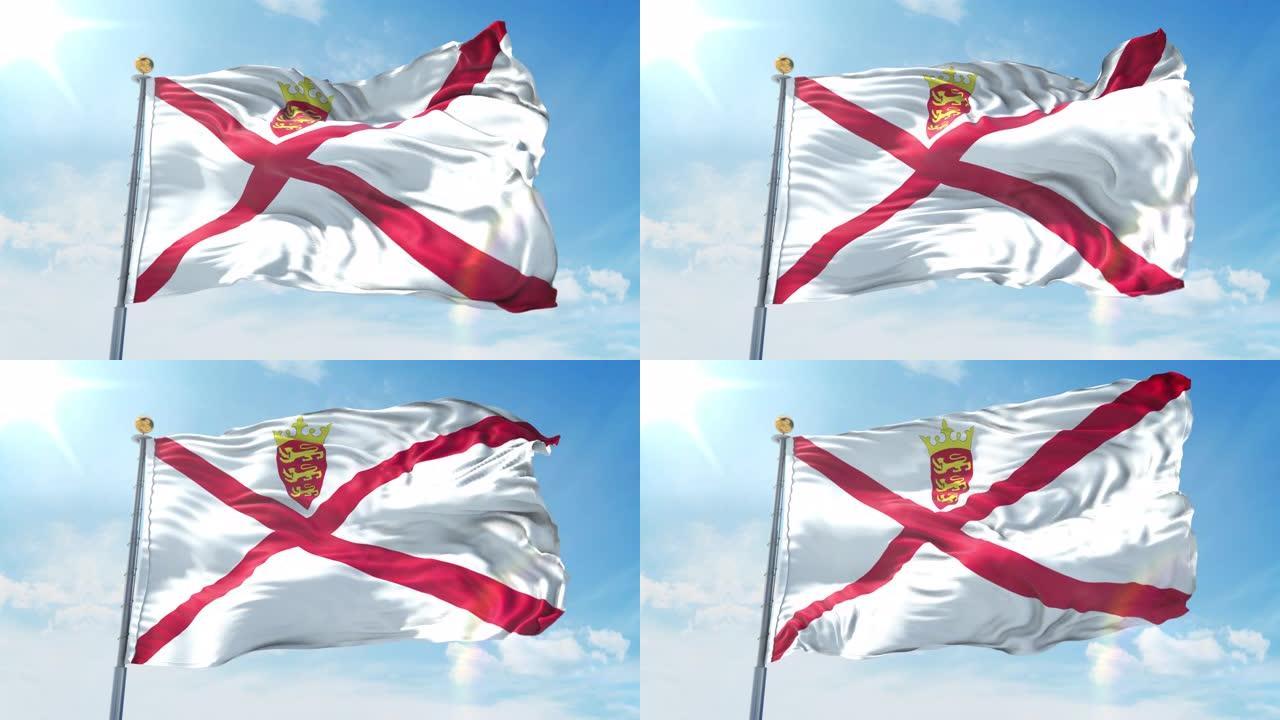 泽西旗迎风飘扬，映衬着深蓝色的天空。国家主题，国际理念。3D渲染无缝循环4K