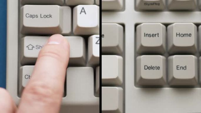 男性手指按下白色键盘上的SHIFT插入按钮。慢动作和宏观视图