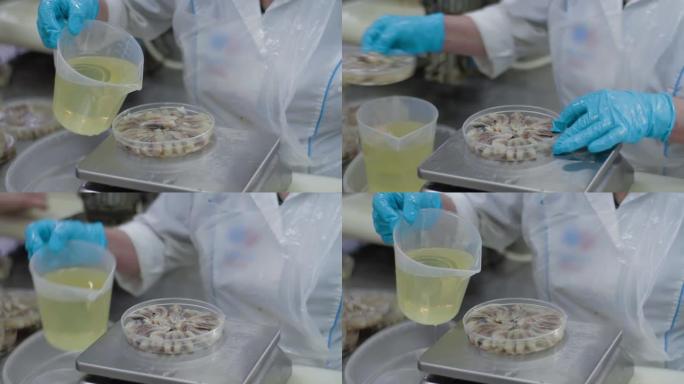 女工用手将塑料壶中的油倒入一罐鱼皮。鱼可以在工厂生产，将鱼片分拣在塑料容器中