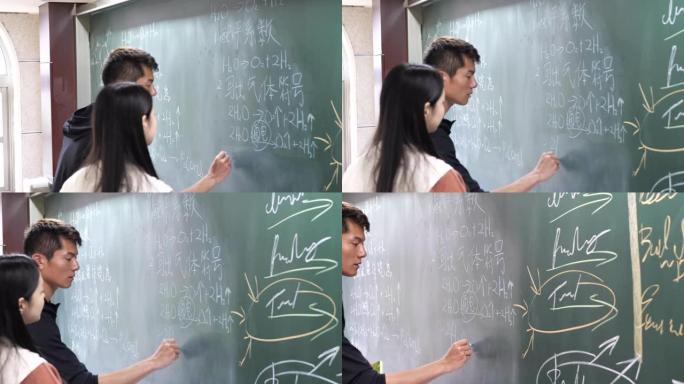 中国学生在课堂上在黑板上写作，解决复杂的任务