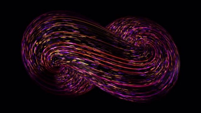 黑色背景上带有霓虹灯移动线的抽象3D螺旋。动画。彩色环形螺旋，带有移动的霓虹灯线。具有快速发光线的体