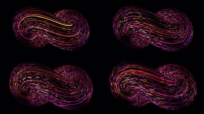 黑色背景上带有霓虹灯移动线的抽象3D螺旋。动画。彩色环形螺旋，带有移动的霓虹灯线。具有快速发光线的体