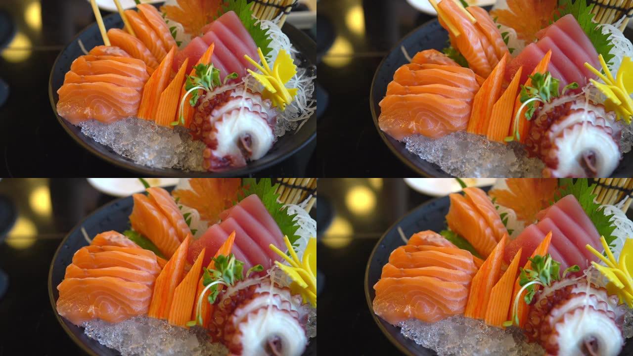 吃新鲜三文鱼生鱼片日本食物