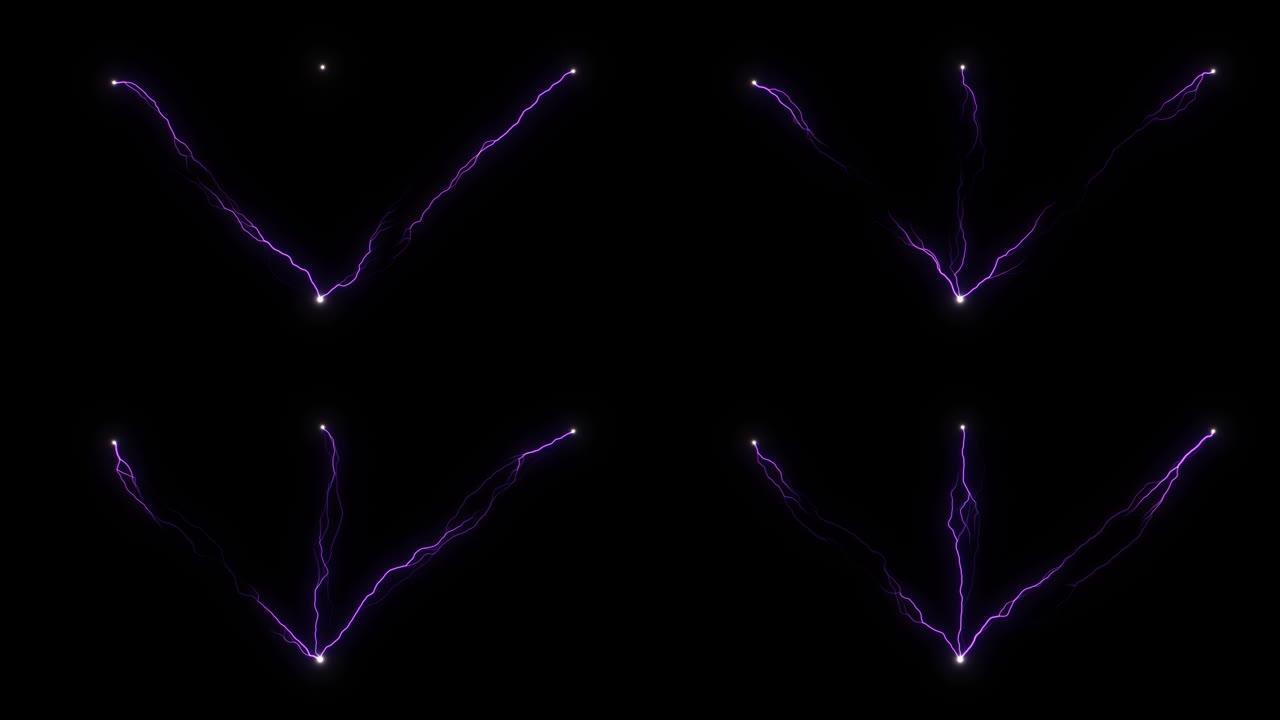 3紫罗兰色放电在特斯拉线圈的一点会聚。黑色背景上的人工闪电。静电放电。磁通电容器