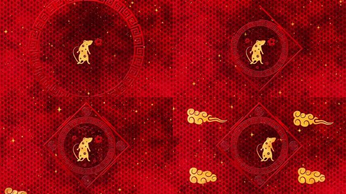 红色农历新年背景，金色，老鼠，烟花，闪闪发光的星星3D渲染循环4k。神奇的新年快乐动画