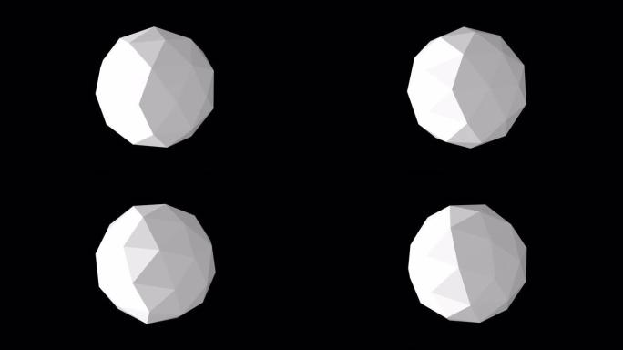 球形几何白色球体的3D动画，该球体由一组黑色背景上的三角形片段组成。