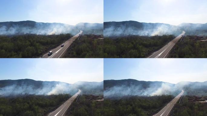 森林大火烟雾覆盖的景观