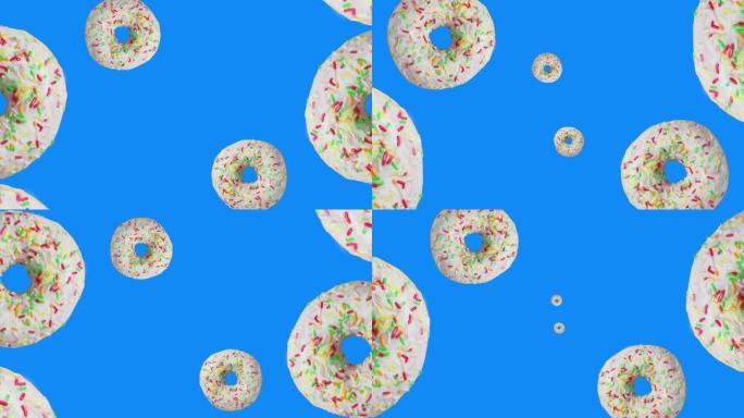 釉面甜甜圈在蓝色背景和3d动画的中心作为漏斗移动。