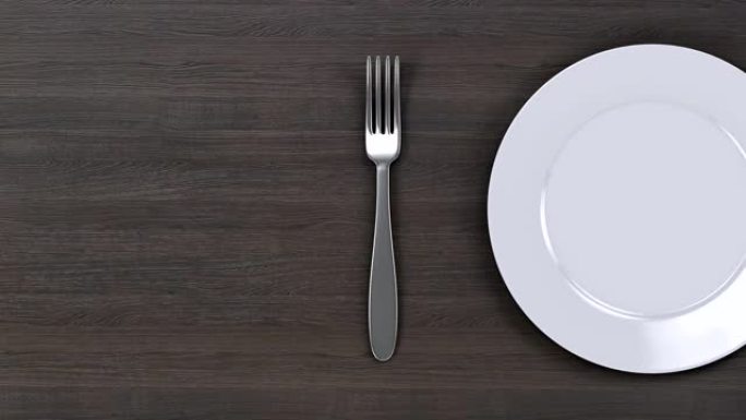 空盘子。用刀叉在木桌背景上移动白色盘子。