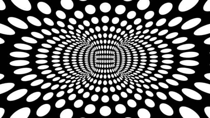 黑白迷幻的视错觉。抽象催眠动画背景。圆点几何单色壁纸