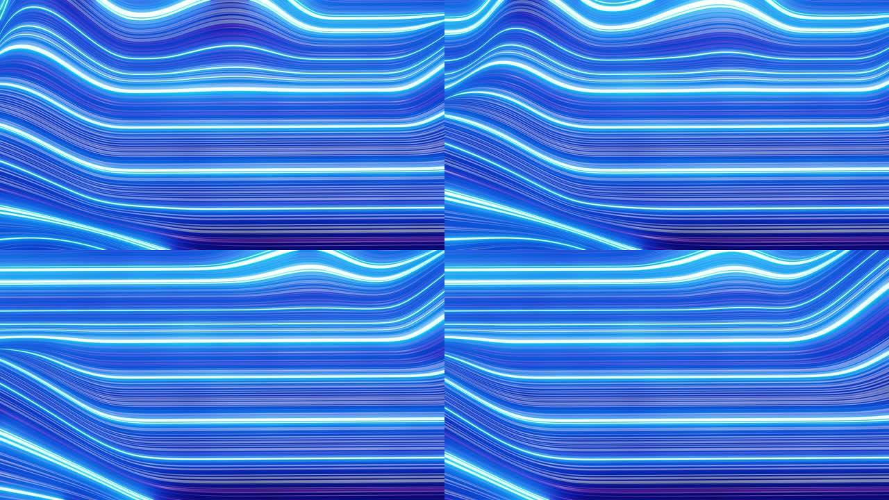 表面波浪的美丽抽象背景，颜色梯度，挤压线条作为条纹织物表面，在液体上有褶皱或波浪。4k环路。辉光线。