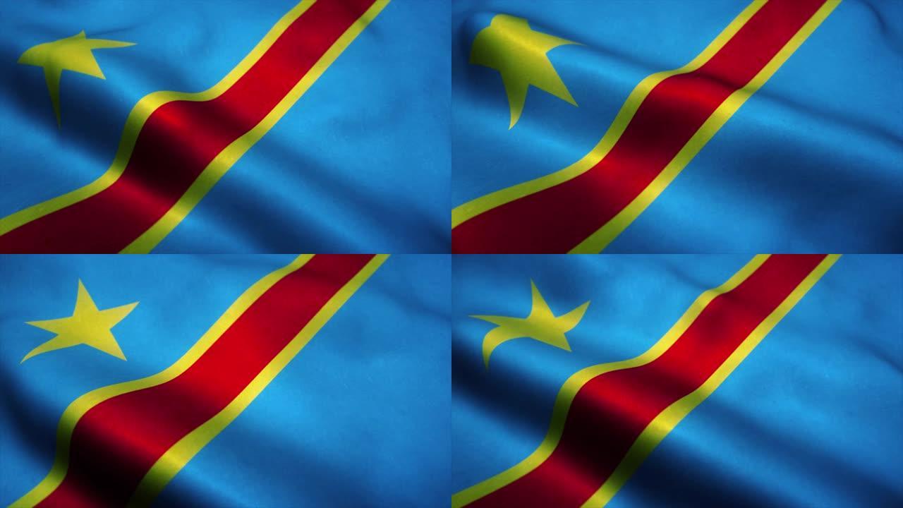 刚果民主共和国的国旗在风中飘扬。刚果国旗。标志刚果无缝循环动画。4 k