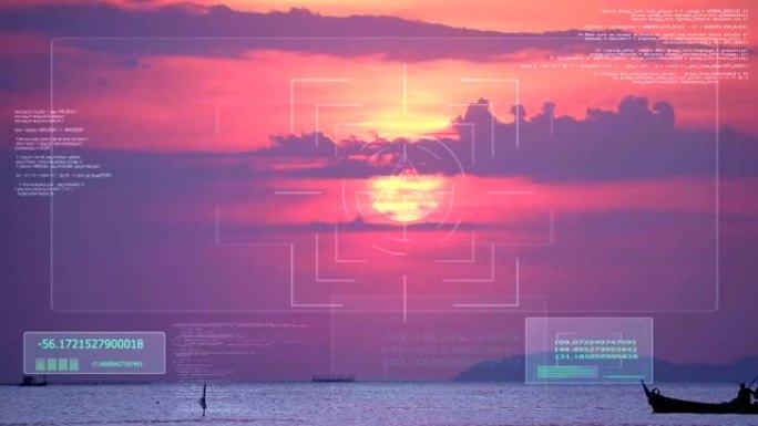 日落和紫云在海上和地面上的天空小浪移动渔船通过和数字分析AI
