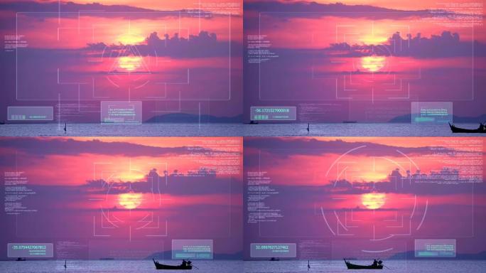 日落和紫云在海上和地面上的天空小浪移动渔船通过和数字分析AI