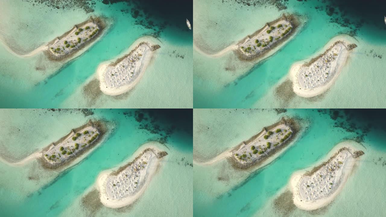 马尔代夫环礁岛沙洲无人机飞行放大4k航拍视频