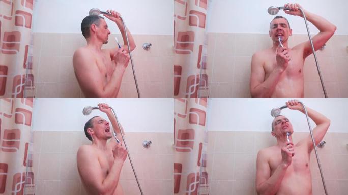 那家伙一边洗澡一边用牙刷唱歌。
