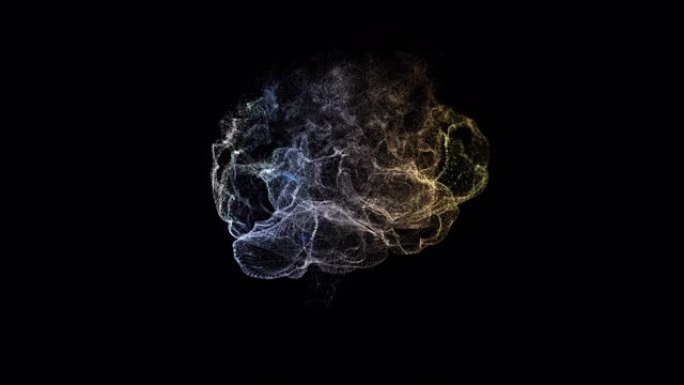 抽象人类大脑从闪闪发光的粒子漂浮和爆炸在黑色背景上。