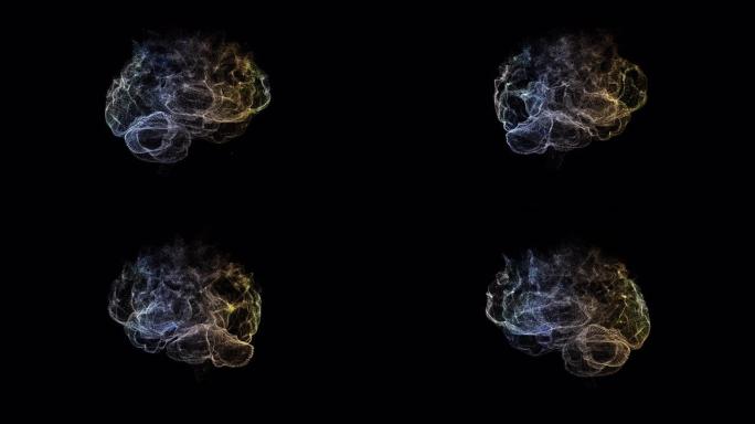 抽象人类大脑从闪闪发光的粒子漂浮和爆炸在黑色背景上。