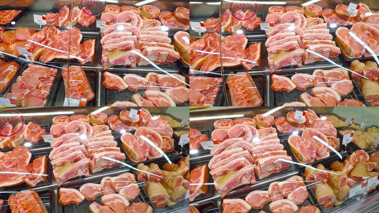 在店里卖一块肉。在超市里选择不同切块的鲜肉生红。