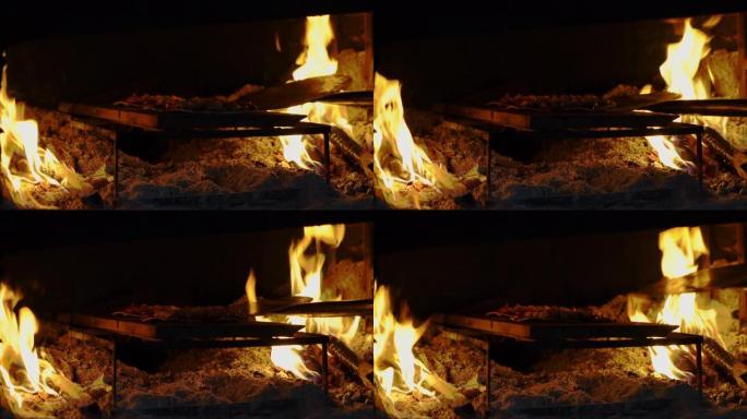 比萨饼在传统的木材燃烧中烘烤。