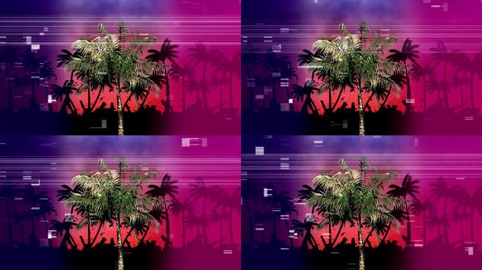棕榈树和其他棕榈树在阴凉处，而虚拟正方形像前景上的像素一样嘶嘶作响