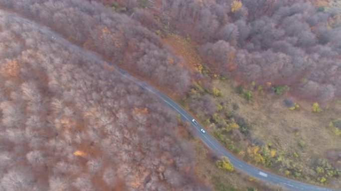 无人机追逐汽车在秋天的山区森林上坡的柏油路上行驶