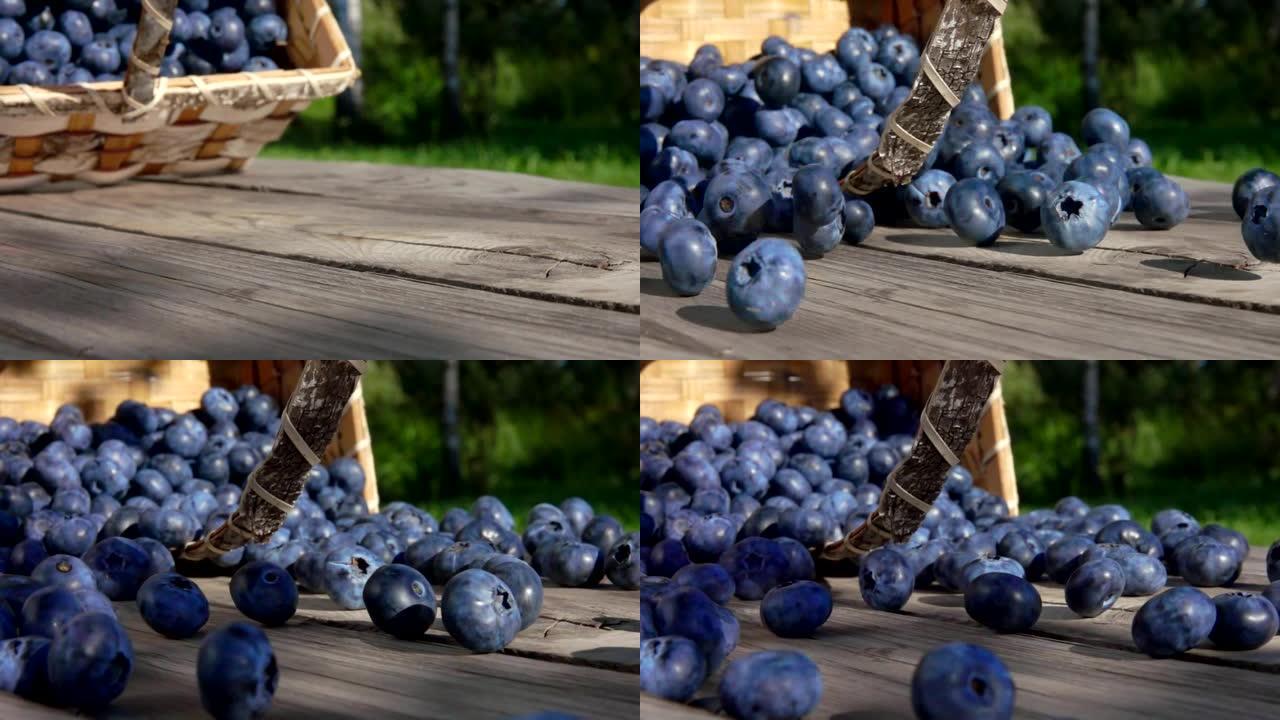 蓝莓在木桌上朝着相机滚动