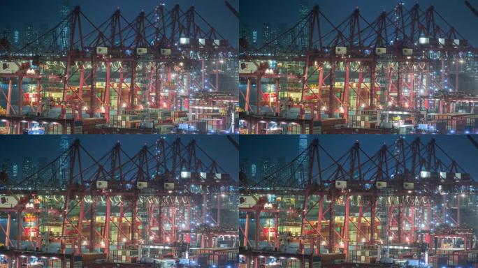 4k时间间隔: 工作起重机桥在夜间从码头商业港口的集装箱货船上卸下集装箱，用于商务物流，进出口，运输
