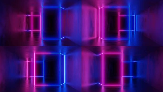 3d渲染。在蓝色和紫外线色的霓虹灯中，长隧道中几何图形或立方体的变换的无缝可视化