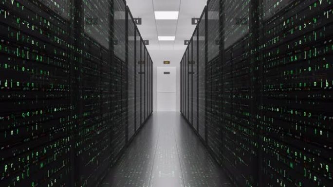 现代服务器机房环境。电脑机架到处都是。未来数据中心。