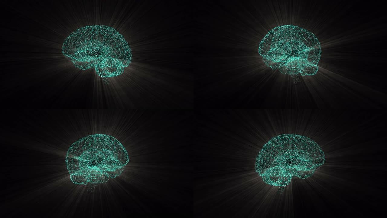 大脑湍流概念。视频显示大脑积极寻找答案，在太空中产生明亮的照明。