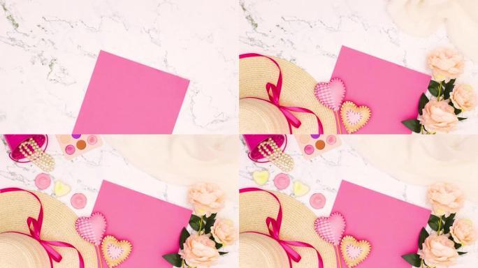 浪漫粉彩粉色时尚时尚配饰和花朵出现在大理石背景上 -- 停止运动