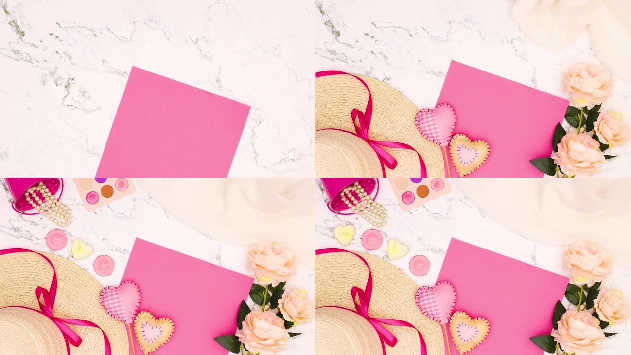 浪漫粉彩粉色时尚时尚配饰和花朵出现在大理石背景上 -- 停止运动
