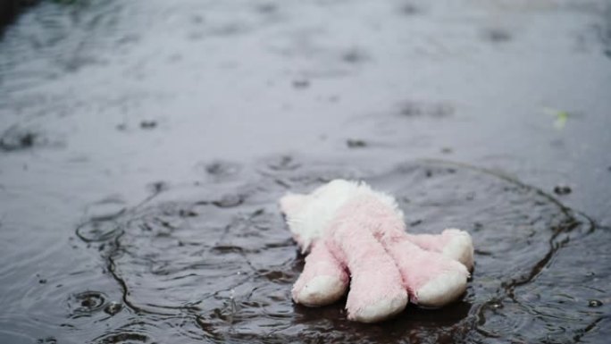 长毛绒的粉红色野兔掉进了水坑。下着大雨。慢动作视频