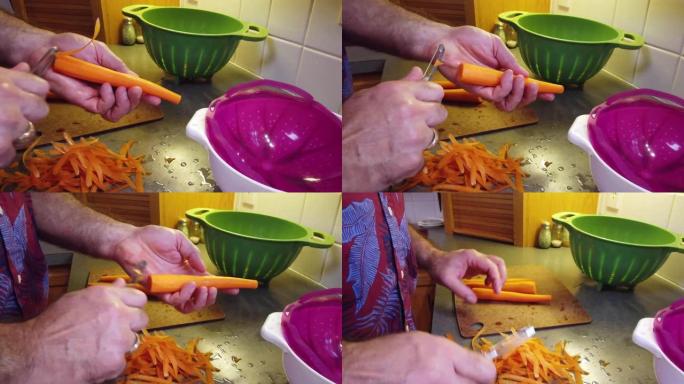 厨房食物准备，剥橙色胡萝卜平移4k镜头的白人男性准备食物作为一顿饭。