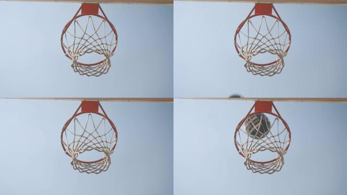 特写镜头自下而上查看篮球在球场上被扔进篮筐的肖像，背景是天空